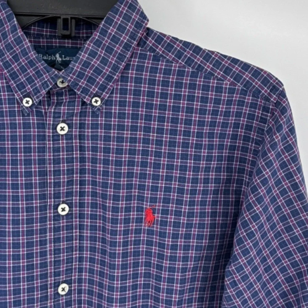 Ralph Lauren Boys Navy Blue Red Plaid Button Down Shirt L 16/18 Cotton 323063459